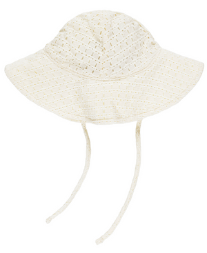 The Rylee & Cru Floppy Sun Hat is a white, wide-brimmed hat with a perforated pattern and two chin straps for UV protection, shown on a plain white background.