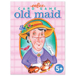 Eeboo's Old Maid Playing Cards feature an illustrated cover of an elderly woman in a yellow hat holding a cat with a bird on her shoulder. Labeled for ages 5+, this classic matching game is perfect for family fun.