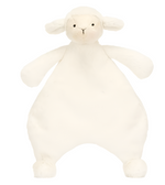 The Jellycat Bashful Lamb Comforter is a charming white plush sheep toy with floppy ears and stitched facial features, made from recycled fibers—perfect as a newborn gift.