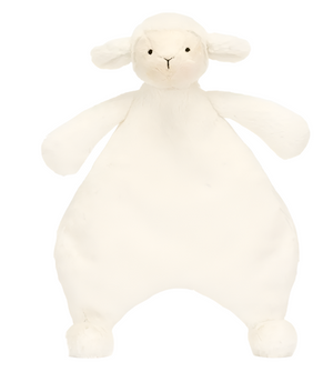 The Jellycat Bashful Lamb Comforter is a charming white plush sheep toy with floppy ears and stitched facial features, made from recycled fibers—perfect as a newborn gift.