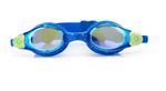 The Bling2O Solar Swim Goggles feature a blue celestial design with green accents and mirrored lenses, displayed against a white background.