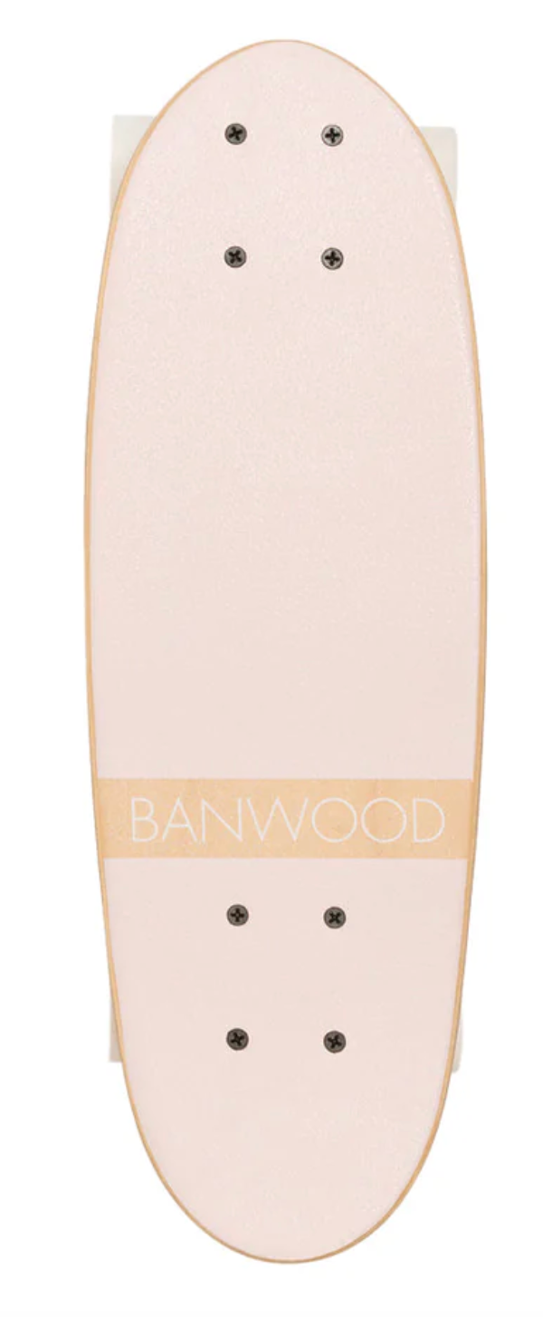The Banwood Skateboard is a cream-colored cruiser made from durable Canadian Maple, featuring eight black screws and the beige "BANWOOD" across the center.