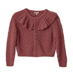The Noralee Baby Girls' and Girls' Ruffle Cardigan features a mauve pointelle knit with diamond pattern, oversized collar, long sleeves, and front button closure—perfect for stylish layering. Displayed on a white background.