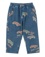 Konges Slojd Baby Boys' and Boys' Magot Pants: blue denim, straight fit with elastic waist, featuring a playful vintage race car print and "FAST LANE" text throughout.