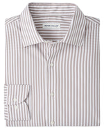 A neatly folded Peter Millar Cannon Crown Lite Cotton-Stretch Sport Shirt, long-sleeve with vertical beige and white stripes, collared, button-up, easy-care fabric, and a visible brand label.