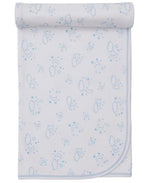 The Kissy Kissy Cheerful Good Night Printed Blanket is a white Pima cotton baby blanket featuring blue clouds, moons, stars, and rainbow prints, neatly rolled at the top edge.