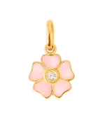 The Gigi Clozeau Flower Pendant Diamond showcases pink enamel petals and a central sparkling diamond, crafted in luxurious 18-carat yellow gold.