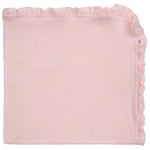 The Pin Dot Modal Baby Blanket by Magnetic Me is a pink square crafted from gentle modal, featuring a subtle dotted design and ruffled edges on three sides, making it ideal as a plush baby blanket or stroller blanket.