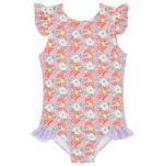 The Girls' Island Blossom Ruffle Cap Sleeve Rashguard One Piece by Minnow is a floral-patterned swimsuit with ruffle sleeves and a purple-striped ruffle at the waist.