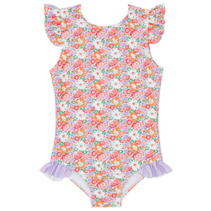 The Girls' Island Blossom Ruffle Cap Sleeve Rashguard One Piece by Minnow is a floral-patterned swimsuit with ruffle sleeves and a purple-striped ruffle at the waist.