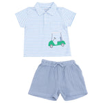 The Angel Dear Baby Boys' and Boys' Golf Blue Stripe Polo with Applique and Muslin Short features a light blue striped polo with a golf cart design, plus matching comfy muslin shorts—perfect for your child.