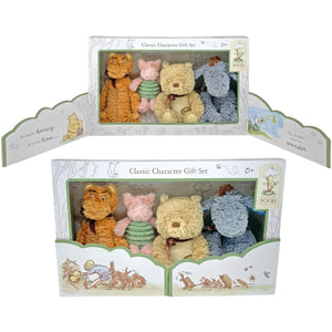 The Kids Preferred Classic Pooh 4-Piece Collector Set includes soft, cuddly plush toys of Winnie the Pooh, Tigger, Piglet, and Eeyore in decorative packaging. Each toy is machine washable for easy care.