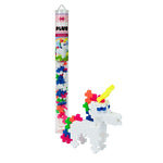 The Plus Plus Tube - Unicorn features vibrant building blocks displayed beside a colorful unicorn, showcasing this STEM toy’s creative play opportunities and its role in boosting kids’ fine motor skills.