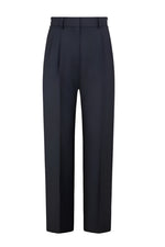 The Blaze Milano First Class Fox Pants are high-waisted, dark navy wool-mohair trousers with belt loops and front pleats, ideal for the office, shown against a white background.