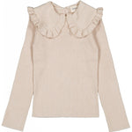 The Girls' Alinou Wool Blend Pull by Louis Louise is a beige ribbed knit long-sleeve pullover with a large ruffled Peter Pan collar, shown flat on a white background.