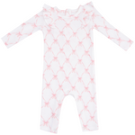 Angel Dear Long Sleeve Ruffle Romper in white with pink bow pattern and ruffle shoulder detail, displayed flat on a white background.