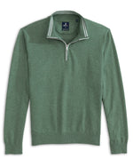 The Johnnie-O Desmond Quarter Zip is a green cotton pullover sweater with a ribbed collar, cuffs, and hem, silver zipper, and white collar trim—a lightweight, versatile option for any casual occasion.