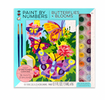 Bright Stripes Paint-By-Number kit features a butterfly and flower design, 16 numbered paints, two brushes, and a pre-printed canvas—ideal for inspiring creativity in young artists.