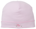 The Kissy Kissy Premier Elephant Esprit Hat with Hand Emb. is a light pink Pima cotton baby hat featuring scalloped trim and a small hand-embroidered pink elephant near the bottom edge.