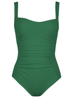 The Karla Colletto Basics Square Neck One Piece is a green swimsuit with wide shoulder straps, side ruching for a figure-flattering look, and a square neckline, shown on a white background.