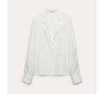 The Trench It Up Blouse by Dorothee Schumacher is a white satin, long-sleeve top with an asymmetric notched lapel and button cuffs, shown against a plain light background.