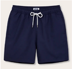 Love Brand Staniel Swim Trunk in navy blue, featuring quick-dry fabric, an elastic waistband, and a white drawstring, shown laid flat on a neutral background.