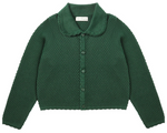 The Girls' Rio Cardigan by Rylee & Cru is a dark green sweater with a Peter Pan collar, button-down front, and beautifully textured knit pattern.