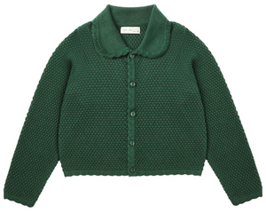 The Girls' Rio Cardigan by Rylee & Cru is a dark green sweater with a Peter Pan collar, button-down front, and beautifully textured knit pattern.