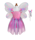 On display is the Butterfly Dress with Wings and Wand by Great Pretenders, a charming pink and purple fairy outfit featuring sparkly petals.