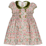 Kidiwi Girls' Rison Smocked Dress features an olive velvet collar, decorative buttons, smocked bodice, and short sleeves with pink and green botanical patterns.