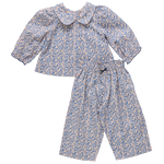 The Pink Chicken Baby Girls' Dawson 2-Piece Set features a blue climbing floral print on soft cotton poplin, with a long-sleeve top with Peter Pan collar and matching loose-fit pants for cozy comfort.