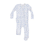 The Angel Dear Baby Girls' 2-Way Zipper Ruffle Back Footie is a soft bamboo long-sleeve footie with blue floral print and a diagonal front zipper, shown on a white background.