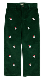 The Beaufort Bonnet Company's Boys' Critter Prep School Corduroy Pant features festive green corduroy with straight legs and embroidered Santa Claus faces—perfect for celebrating the holidays in style.