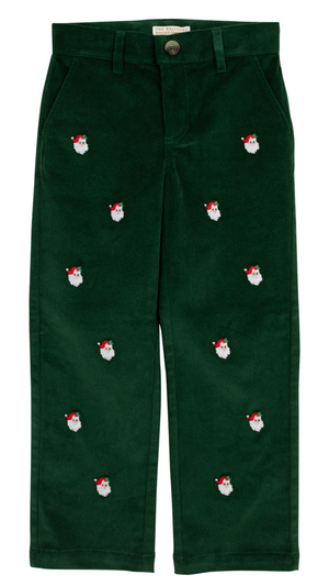 The Beaufort Bonnet Company's Boys' Critter Prep School Corduroy Pant features festive green corduroy with straight legs and embroidered Santa Claus faces—perfect for celebrating the holidays in style.