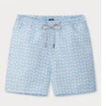 The Staniel Swim Trunk by Love Brand features a light blue pattern, quick-dry recycled fabric, and a drawstring waistband, shown against a plain background.