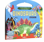 A package labeled "Shiny Sticker Book" by Eeboo, featuring 200 shiny rainbow foil dinosaur stickers, suitable for ages 3 and up.