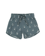 Rylee & Cru Baby Boys' & Boys' Swim Trunk in gray with a drawstring waist, white anchor print, UPF 50+ protection, and rounded side hems is shown on a white background.