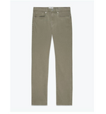 The L’Homme Slim Denim by Frame is a pair of slim-fit light olive green jeans in sustainable brushed twill, featuring five pockets and a button closure, showcased on a white background.