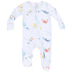 Angel Dear’s Baby 2-Way Bamboo Zipper Footie features soft bamboo fabric, a white background with pastel whale, octopus, and crab prints, and a side zipper for easy changing and all-night comfort for your little one.