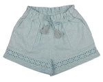 Early Sunday's Girls' Roman Shorts in light blue boast a floral pattern and eyelet trim. Made from a cotton-linen blend, they feature an elastic waistband and front tassels, making them perfect for summer adventures.