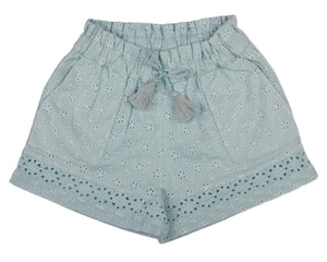 Early Sunday's Girls' Roman Shorts in light blue boast a floral pattern and eyelet trim. Made from a cotton-linen blend, they feature an elastic waistband and front tassels, making them perfect for summer adventures.