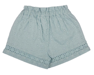 Girls' Roman Shorts by Early Sunday, in light blue with eyelet design. Made from a cotton-linen blend, they feature an elastic waistband, decorative floral patterns, and a scalloped hem—perfect for breezy summer days.