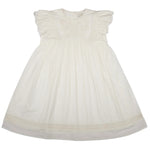 Introducing Early Sunday's Girls' Georgia Dress: a short-sleeve white dress featuring lace accents on the sleeves and bodice, a gathered skirt, and delicate lace trim on the hem for an elegant touch.