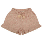 Early Sunday's Girls' Ambroise Shorts feature a charming Garden Flower pattern on printed cotton twill, with an elasticated waistband, a drawstring bow, and a ruffled hem.