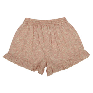 Girls' Ambroise Shorts by Early Sunday, made from printed cotton twill with a garden flower design, feature an elastic waistband and a charming ruffled hem.