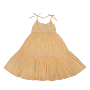 Early Sunday's Girls' Alice Dress is a sleeveless light yellow delight, made from cotton dobby with delicate floral embroidery on the bodice, featuring thin shoulder straps and a full gathered skirt in a charming tiered silhouette.