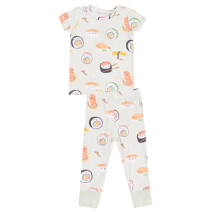 The Angel Dear Baby and Kids' Sushi Short Sleeve Loungewear Set features a snug fit and playful sushi and maki roll prints on a white background.