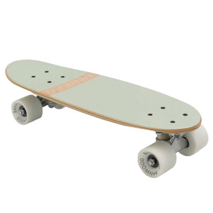 The Banwood Skateboard boasts a light green deck with "BAMBOO" text, white wheels, and metal trucks. Its minimalist design combines style and utility, crafted from Canadian Maple for smooth rides.