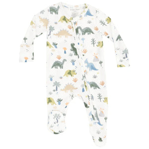 The Angel Dear Baby 2-Way Bamboo Zipper Footie is a white, long-sleeve onesie with footies, featuring a colorful dinosaur and plant print, made from soft bamboo fabric with an easy diagonal front zipper.