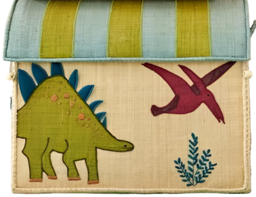 The Raffia Toy Basket by Rice is a colorful, handmade piece with woven fabric featuring a green dinosaur, maroon pterodactyl, and vibrant plant designs.